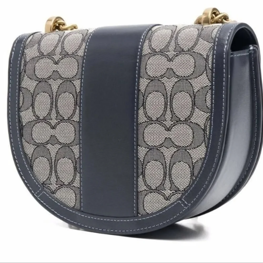 Coach Alie Saddle Crossbody Bag Navy Blue and Gold‎ Signature Jacquard Purse - Picture 13 of 14